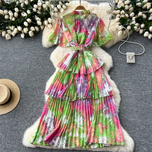 LE2637 Retro Metal Buckle Pleated Midi Dresses Woman Flared Short Sleeve Smudged Print Dress Autumn New Holiday Party Cake Dress - Image 6
