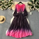 LE2585 Vintage Gradient Printed Dresses 2025 Autumn Lantern Long Sleeve Pleated Dress Women Boutique Belted Midi Party Dresses