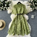 LE2616 Women'S Boutique Autumn Lace Floral Dress Lady Hollow Embroidery Midi Dresses Socialite Party Lace Dresses Women Elegant