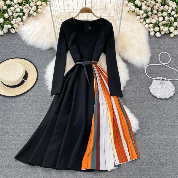 LE2690 2025 Office Lady Evening Dresses Autumn Elegant Temperament Long Dresses Patchwork Gradual Color Pleated Dresses Winter