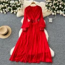 LE4777 High-End Niche Dress Women'S Autumn Heavy Industry Sequin Splicing V-Neck Lantern Sleeve Waist Fringe Pleated Skirt