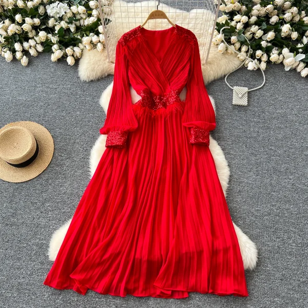 LE4777 High-End Niche Dress Women'S Autumn Heavy Industry Sequin Splicing V-Neck Lantern Sleeve Waist Fringe Pleated Skirt - Image 6
