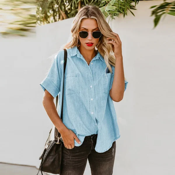Summer Casual Loose Fashion Denim Tops Long Sleeve Lapel Simple Pocket Blouse Women Denim Shirt - Image 5