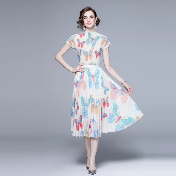 LE1238 in Stock New Pleated Print Evening Gown Dress Elegant Summer 2 Piece Set for Women Miyake Pleated Boutique Midi Skirt - Image 2