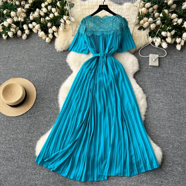 LE2581 2025 Women'S Elegant Pleated Dresses Female Lace Patchwork Belted Socialite Party Maxi Dress Robes Women Boutique Autumn - Image 3