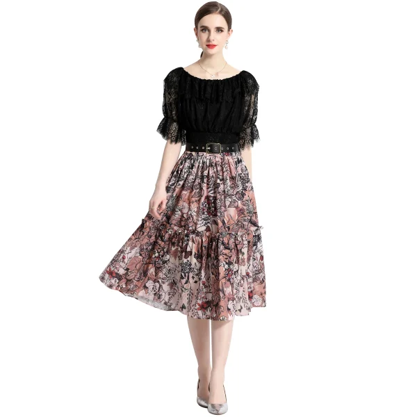 LE1776 2025 Summer Dress Ladies Sexy Two Piece Set Square Collar Lace Top Printed Pleated Skirt Celebrity Dating Slimming Set - Image 5