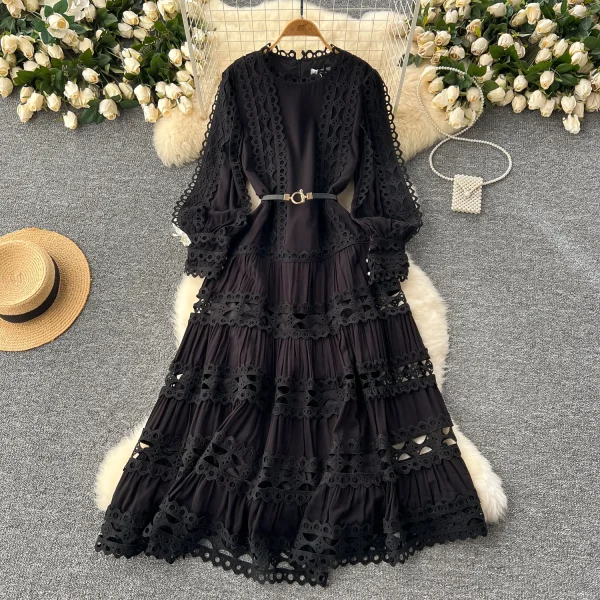 LE2618 2025 Autumn Lace Dresses Women Elegant Vintage Long Sleeve O-Neck Waist Slim A-Line Hollow Lace Women'S Dress - Image 6