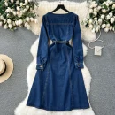 LE2650 Ladies Boutique Denim Dresseses Female Korean Long Sleeve Autumn Winter Midi Dress Woman Direct 2025
