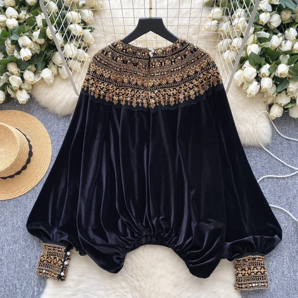 LW0835 Light Luxury Senior Sense Velvet Shirt Women Inlaid Diamond Loose Design Temperament Blouses Elegant Women - Image 5