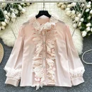 LW0704 Chic Blouse Women'S High-Grade Lace Patchwork Single Breasted Long Sleeve Temperament Blouses for Lady