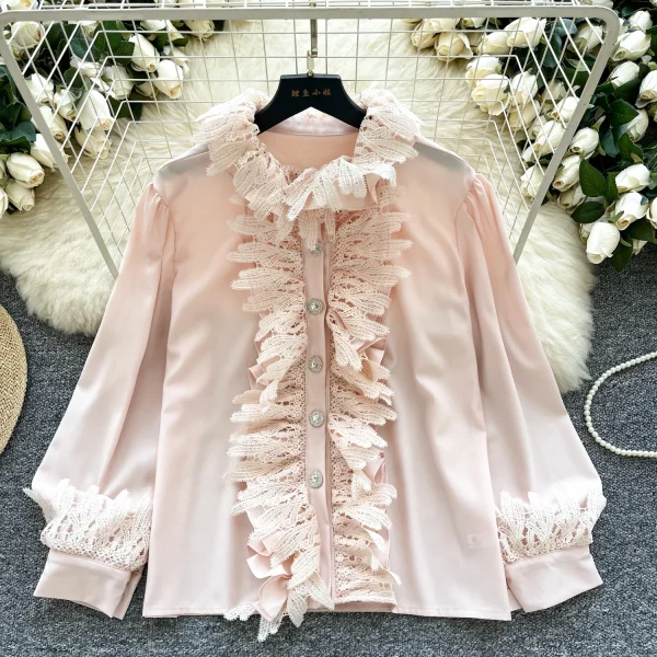 LW0704 Chic Blouse Women'S High-Grade Lace Patchwork Single Breasted Long Sleeve Temperament Blouses for Lady