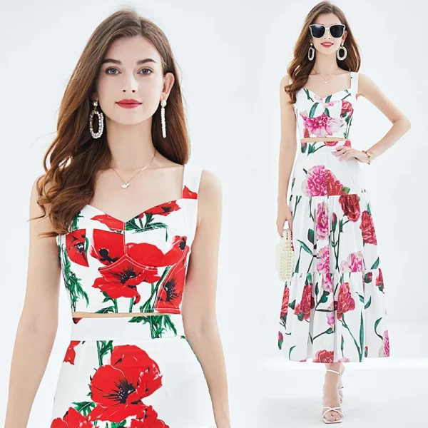 LE1383 Rose Print Stitching Chest Lift Suspender + Half Skirt Two-Piece Set Resort Style Boutique Women'S Wear With Chest Pad - Image 5