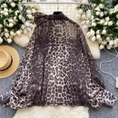 LW0708 Vintage Light Wind Leopard Print Shirt Women Butterfly Bow Tie Mesh Temperament Blouses Elegant Women Ladies