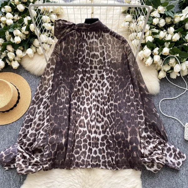LW0708 Vintage Light Wind Leopard Print Shirt Women Butterfly Bow Tie Mesh Temperament Blouses Elegant Women Ladies - Image 3