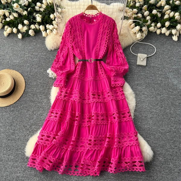 LE2618 2025 Autumn Lace Dresses Women Elegant Vintage Long Sleeve O-Neck Waist Slim A-Line Hollow Lace Women'S Dress