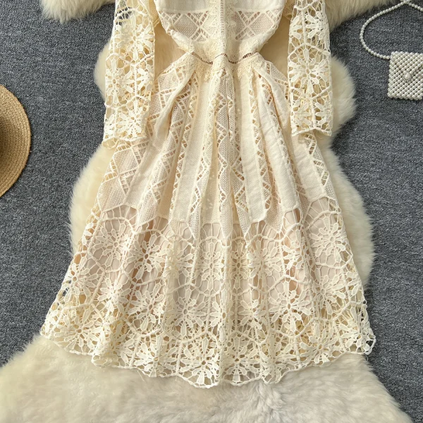 LE4770 High-End Women'S Dress 2025 Autumn Fashion Heavy Industry Hollow Hook Lace Waist Slimming Big French Skirt - Image 6