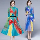 Elegant Women Print Pleat Outfit Long Sleeves Top Midi Skirt Casual Two Piece Set