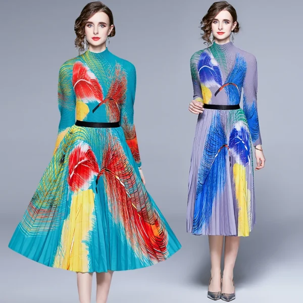 Elegant Women Print Pleat Outfit Long Sleeves Top Midi Skirt Casual Two Piece Set - Image 5