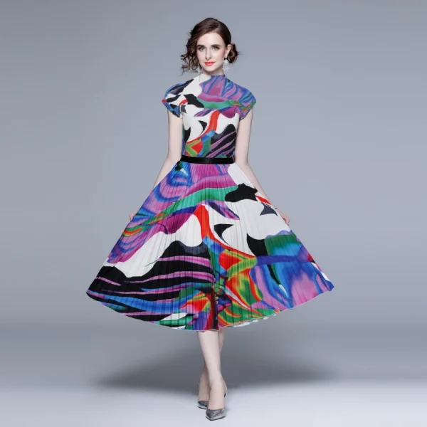 LE1244 in Stock Boutique Womens 2 Piece Sets High Quality Fabric Short-Sleeved Top Miyake Pleated Printed Long Pleated Skirt