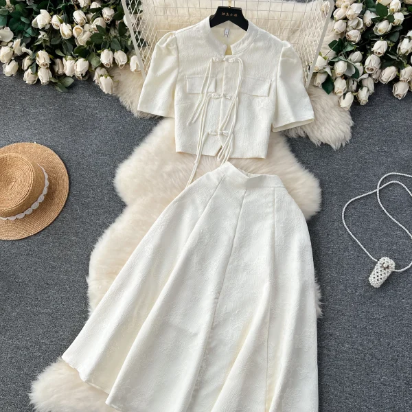LE2082 Women'S Disk-Buckle Tassel Short Top Temperament 100 Matching Skirt Women'S Senior Sense of Two Sets - Image 2