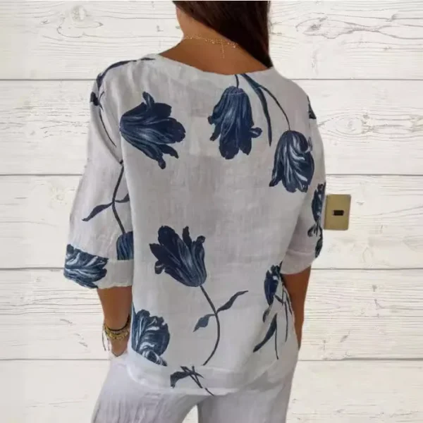 New Printed Cotton Linen V-neck Short Sleeve Pullover Shirt - Image 4