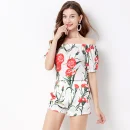 Carnation-Print Poplin Women'S Boutique Suit Square Neck One Shoulder Shorts Suit Bubble Short Sleeve Top Shorts Two Piece Set