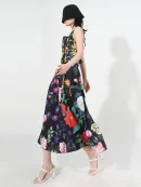 Hit Color Two Piece Sets Colorful Flower Print Beading Crystal Black Square Collar Sleeveless Tops High Waist a Line Skirt Suit