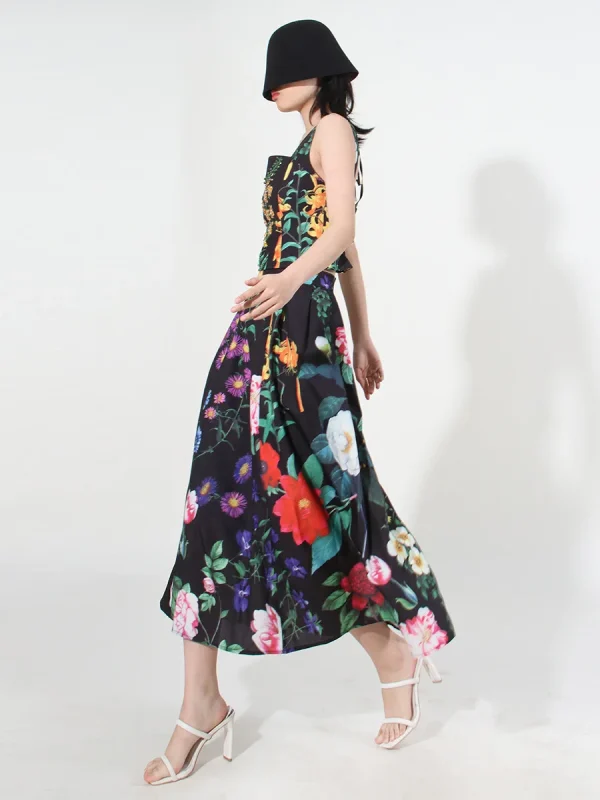 Hit Color Two Piece Sets Colorful Flower Print Beading Crystal Black Square Collar Sleeveless Tops High Waist a Line Skirt Suit - Image 3