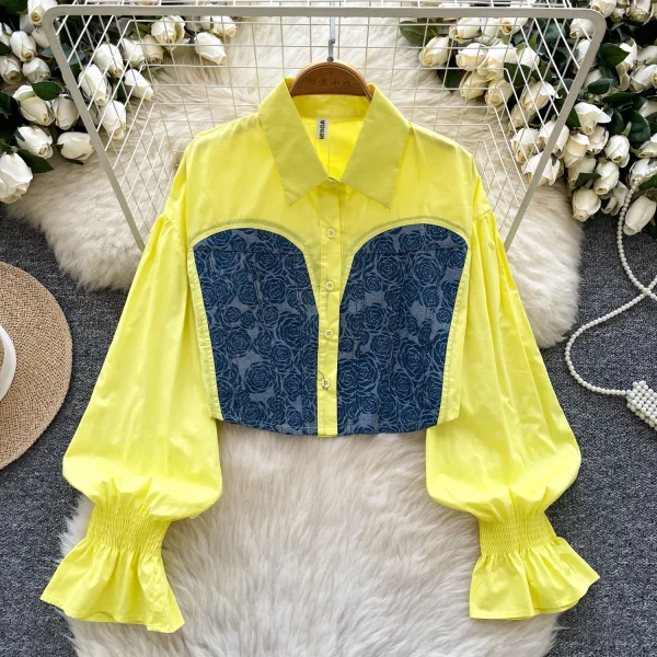 LW0753 Spring Dress Shirt Women 2025 New Design Sense Long Sleeve Splicing Color Short Denim Shirt Style Blouses Elegant Women - Image 5