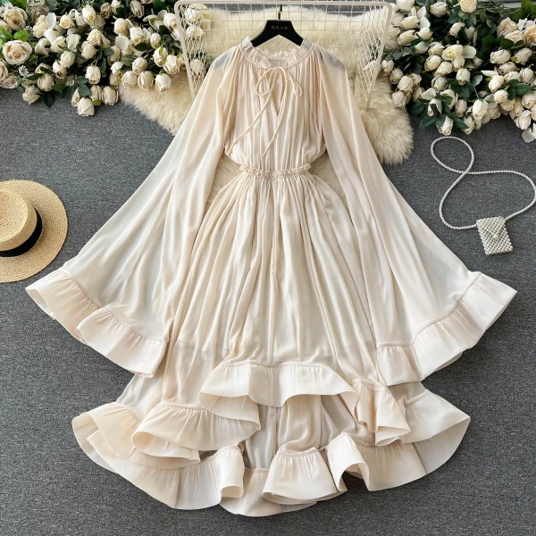 LE2638 Cape-Style Women'S Gown Luxury Retro High Fashion V-Neck Lace-Up Trumpet Sleeves Peplum Temperament Long Casual Dresses - Image 2