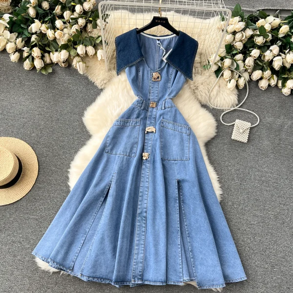 LE2652 Boutique Denim Dresseses Female Korean V-Neck Sleeveless Midi Dress Direct Elegant Women'S Dresses