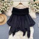 LW0754 Top Sweet Pleated Line Neck Off-The-Shoulder Pure Bubble Sleeve Irregular Shirt Blouses Elegant Women Ladies