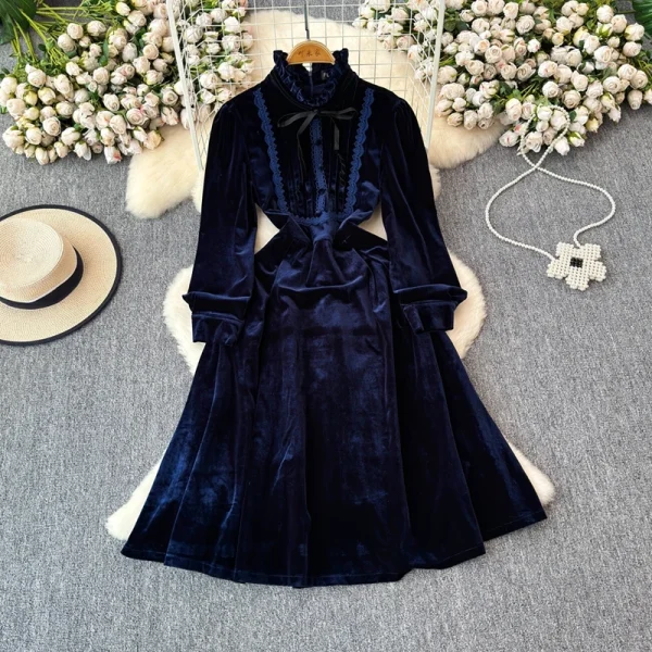 LE2663 2025 Winter Socialite Midi Evening Dresses for Woman Autumn High-End Dinner Dress Ruffled Collar Velvet Long Dress Female - Image 3