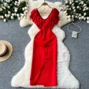 LE2622 Elegant Industry Diamond Fold V-Neck Party Dresses Flying Sleeve Package Hip Midi Dress Boutique Socialite Evening Dress