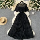 LE2581 2025 Women'S Elegant Pleated Dresses Female Lace Patchwork Belted Socialite Party Maxi Dress Robes Women Boutique Autumn