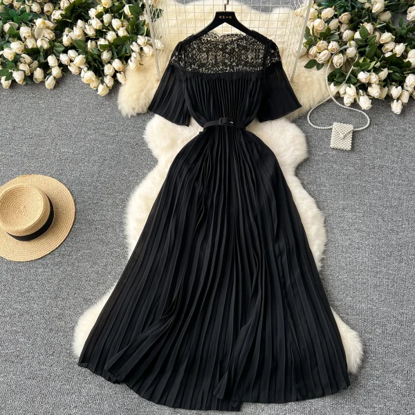 LE2581 2025 Women'S Elegant Pleated Dresses Female Lace Patchwork Belted Socialite Party Maxi Dress Robes Women Boutique Autumn - Image 2