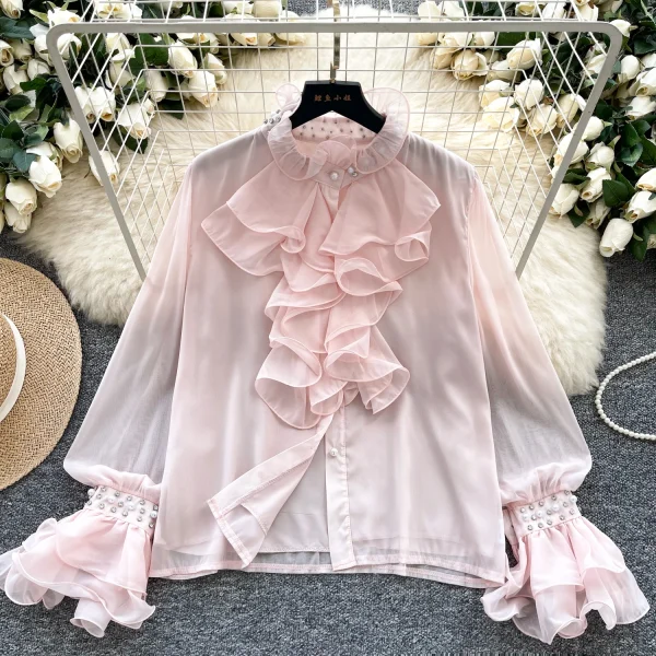 LW0830 Light Luxury Collar Shirt Women'S Autumn Ruffled Edge Diamond Loose Temperament Tops For Women Casual - Image 4