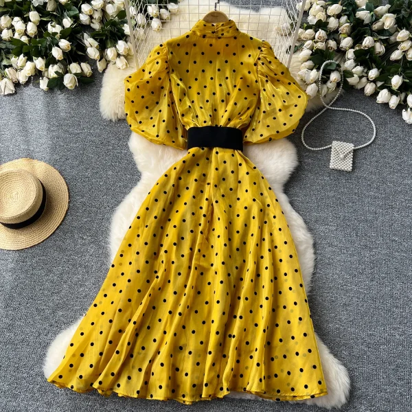 LE2625 Women's Luxury European Polka Dot Mesh Dresses Puffed Sleeves Sailor Collar Maxi Dress Sweet Clothes Socialite - Image 2