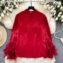 LW0828 Satin Feel Stand Collar Shirt Women Three-Dimensional Flower Feather Design Loose Temperament Blouses Elegant Women