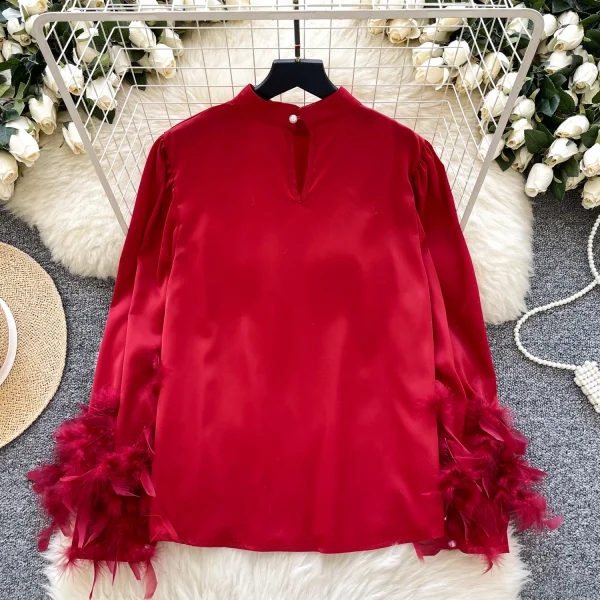 LW0828 Satin Feel Stand Collar Shirt Women Three-Dimensional Flower Feather Design Loose Temperament Blouses Elegant Women - Image 6