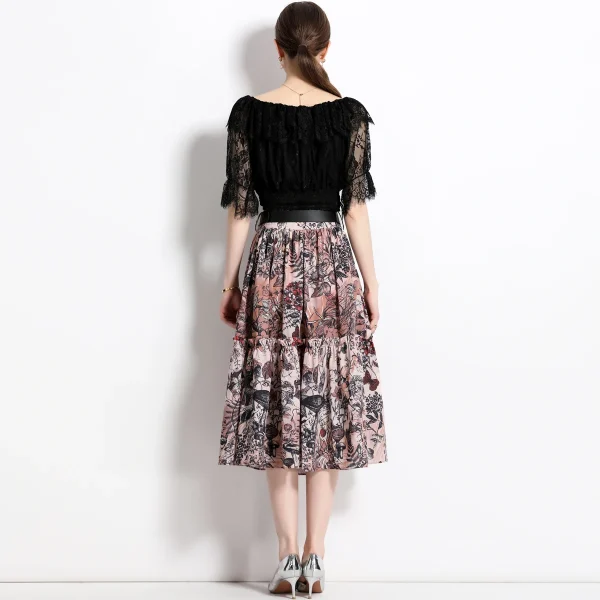 LE1776 2025 Summer Dress Ladies Sexy Two Piece Set Square Collar Lace Top Printed Pleated Skirt Celebrity Dating Slimming Set - Image 4