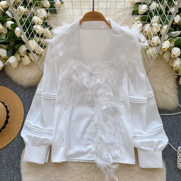 LW0705 Light Luxury Senior Sense Lapel Shirt Women Feather Splicing Temperament Blouses Elegant Women - Image 5