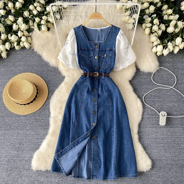 LE2646 Ladies Boutique Dresseses Women Direct Square Collar Short Sleeve Denim Splicing Denim Midi Dress Lady