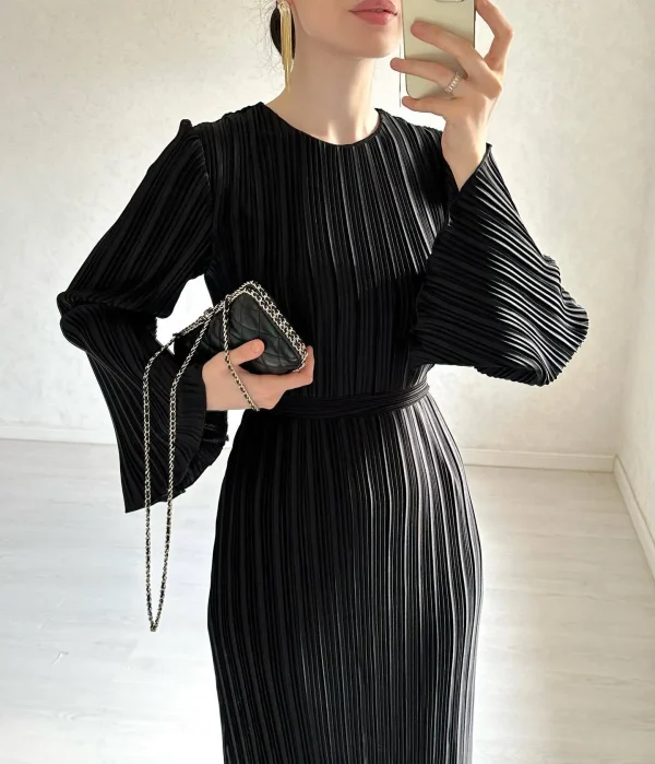 LE2587 Women'S Boutique Fold Casual Dresses Autumn Flared Long Sleeve Pleated Maxi Dresses Women Socialite Party Evening Gown
