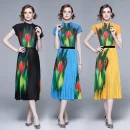 Fast Delivery Boutique Two Piece Sets Printed Short Sleeve Top Printed Long Pleated Skirt Miyake Pleated Casual Style Sets