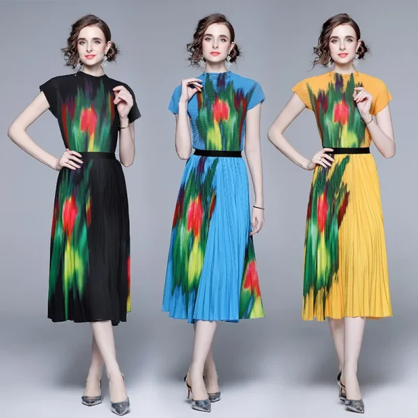 Fast Delivery Boutique Two Piece Sets Printed Short Sleeve Top Printed Long Pleated Skirt Miyake Pleated Casual Style Sets