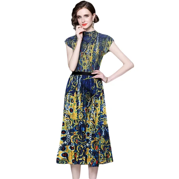 LE1359 Miyake Pleated Skirt 2025 New Stand Collar High Stretch Print Top Pleated Skirt Boutique 2 Piece Set Loose Large Size - Image 4