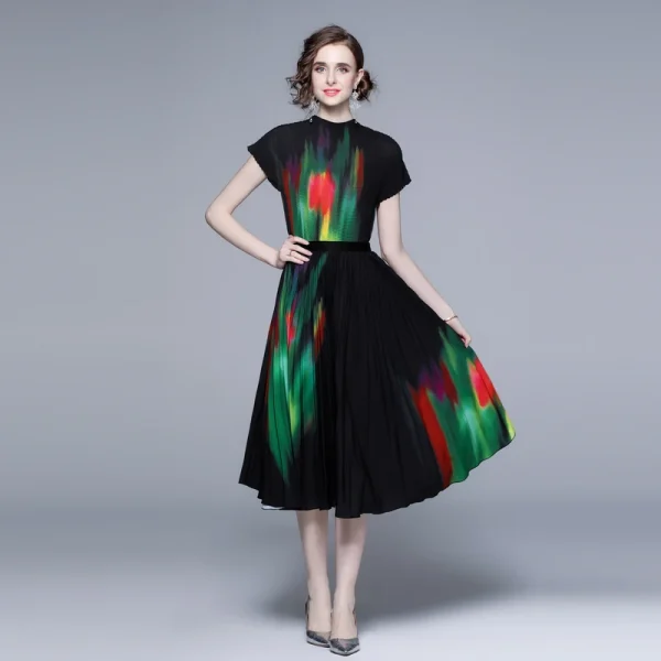Fast Delivery Boutique Two Piece Sets Printed Short Sleeve Top Printed Long Pleated Skirt Miyake Pleated Casual Style Sets - Image 4