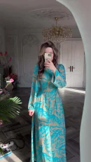 LE2701 Middle East Banquet Long Evening Dress Lady 2025 Autumn Exotic Stand Collar Long-sleeved Printed Maxi Dress Women
