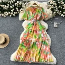 LE2637 Retro Metal Buckle Pleated Midi Dresses Woman Flared Short Sleeve Smudged Print Dress Autumn New Holiday Party Cake Dress